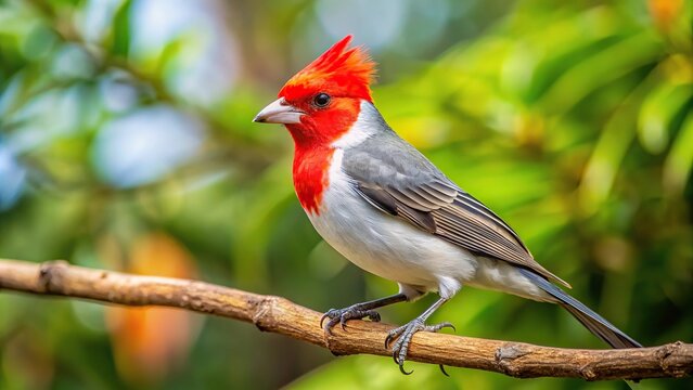 Medium shot of Red crested Cardinal Paroaria coronata perching on a tree branch in Maui Hawaii
