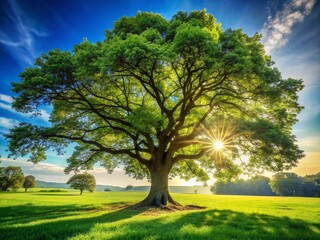 Fototapeta premium Majestic Tree in a Serene Landscape with Lush Greenery and Clear Blue Sky - Nature's Beauty Captured