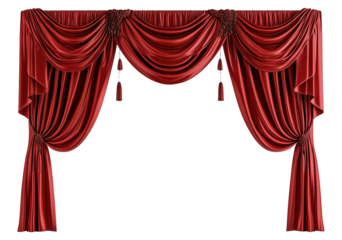 Luxurious red theater curtains with tassels, cut out - stock png.