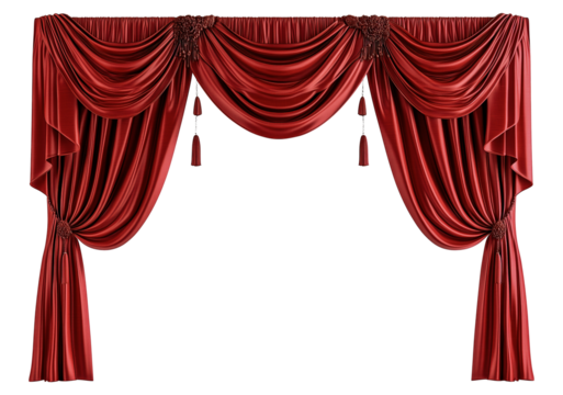 Luxurious red theater curtains with tassels, cut out - stock png.