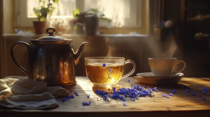 Fototapeta premium Warm cup of herbal tea with teapot, green tea leaves and dried herbs 