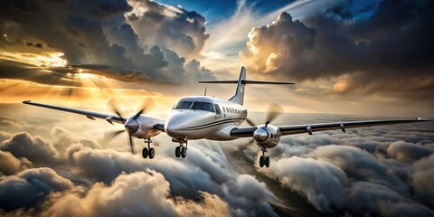 Medium shot of twin engine plane against sky