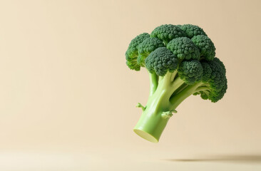 Broccoli levitates over a beige smooth neutral background, studio lighting, text space.