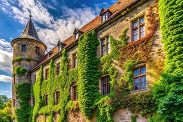 Obraz premium Medium shot of Wolfsburg Castle wall covered in ivy