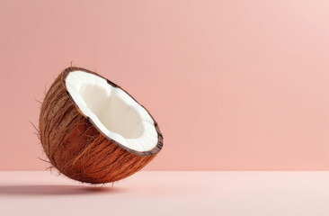 A half coconut on the left in the image, a place for text on the right, a smooth pink background, shooting in the studio.