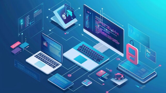 Exploring the dynamic world of information technology through a vibrant flat design showcasing devices and coding elements