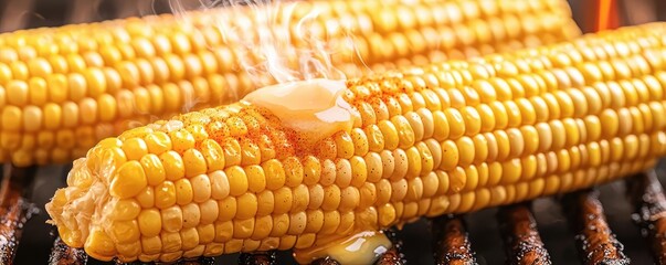 Grilled corn on the cob with melted butter, smoky flavor, white background.