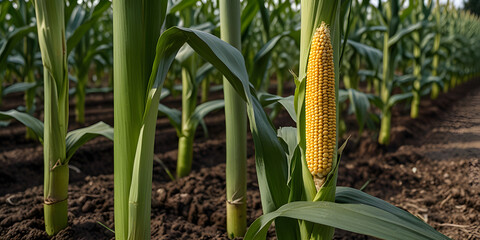 Obraz premium Corn cobs with green leaves grow in agriculture outdoors