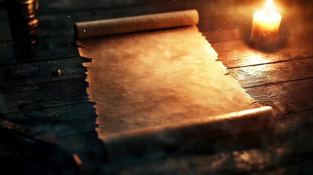 An unrolled blank scroll set against a dark background, evoking a magical role-playing game aesthetic