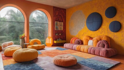 Obraz premium Cozy, colorful interior with plush seating and vibrant decor.