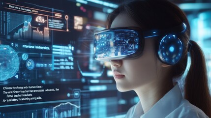 Young asian woman wearing smart glasses. Wearable device.
