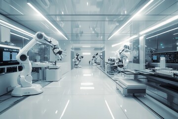 Modern High Tech Authentic Robot Arm, futuristic high tech laboratory, 