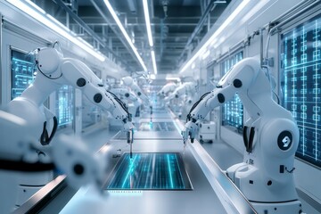 Modern High Tech Authentic Robot Arm, futuristic high tech laboratory, 