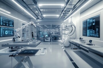 Naklejka premium Modern High Tech Authentic Robot Arm, futuristic high tech laboratory, 
