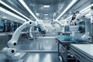 Obraz premium Modern High Tech Authentic Robot Arm, futuristic high tech laboratory, 