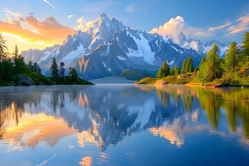 Obraz premium Serene Mountain Landscape at Sunset with Reflections on Calm Waters
