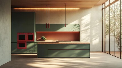 Modern kitchen with matte green cabinets, red-framed appliances, and a minimalist island with a wooden surface.