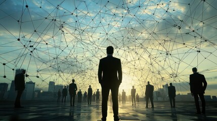 The Architect of Connections: A businessman orchestrates a network of professionals, symbolizing the power of leadership and strategic partnerships in the digital age.