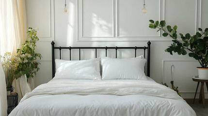Minimalist Black Metal Bed Frame with White Bedding in Modern Bedroom Setting