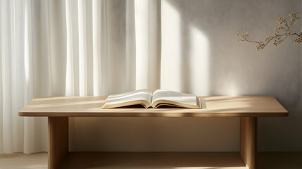 Minimalist Workspace Featuring an Open Book on a Simple Desk Surface