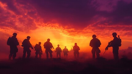 Fototapeta premium Several soldiers walked together duringthe beautiful sunset