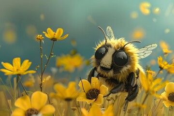 A Cheerful Bumblebee Among Vibrant Yellow Flowers in a Sunny Meadow