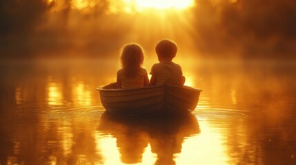 Children in a boat during sunset, creating a serene moment.