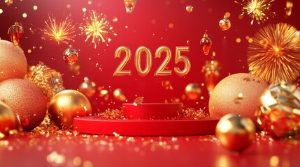 Gold number "2025" is centered on the red podium.