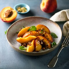 Homemade dessert with peaches and blue plate