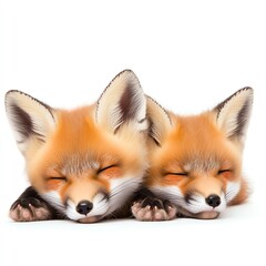 Obraz premium Two adorable foxes sleeping side by side, showcasing their soft fur and peaceful expressions in a minimalist setting.