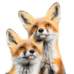 Fototapeta premium Two curious foxes with vibrant orange fur and bright eyes, depicting a playful and lively expression against a plain background.