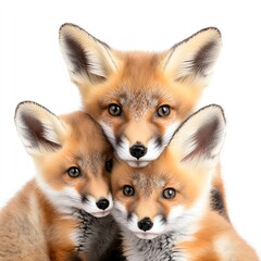 Fototapeta premium Three adorable fox cubs huddle together, showcasing their fluffy fur and expressive eyes against a white background.