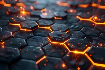 Obraz premium Glowing Hexagonal Patterns with Fiery Accents on a Dark Surface