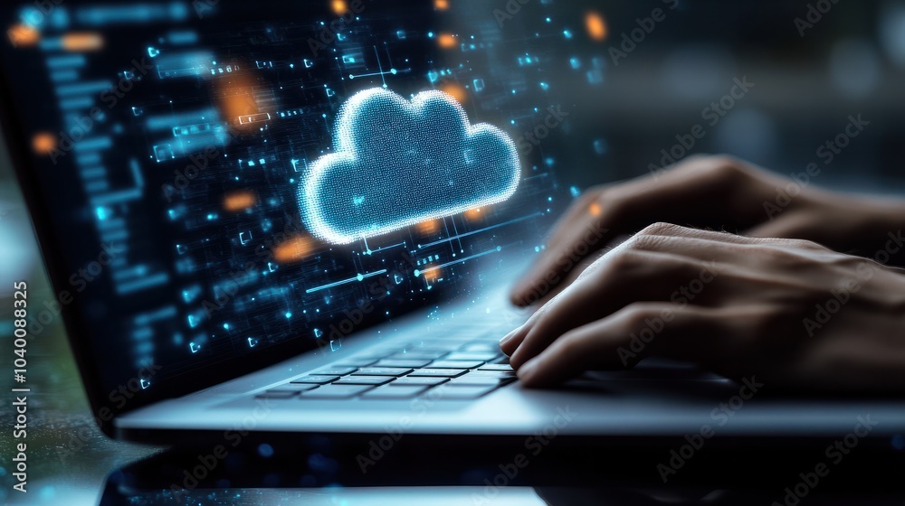 Poster weather icon with hands typing on a laptop with cloud environment change technology icons floating a