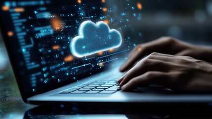 Weather icon with hands typing on a laptop with cloud environment change technology icons floating above, indicating the use and management of AI in data visualization design for web development.