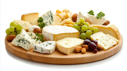 A gourmet cheese board features various cheeses, fresh grapes, and nuts on a wooden platter
