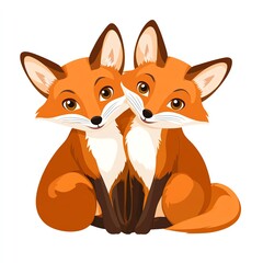 Obraz premium Two cute, cartoon foxes sit closely together, showcasing their vibrant orange fur and playful expressions against a simple background.