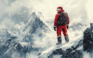 Adventurer in Red Suit on Snowy Mountain Landscape