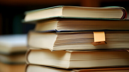 A Stack of Thick Textbooks with Colorful Bookmarks on a Wooden Surface