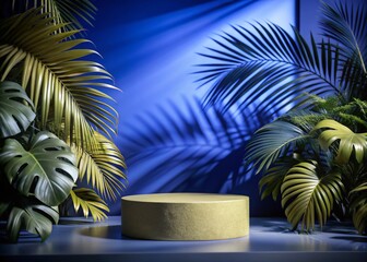 Fototapeta premium Minimalist 3D Product Display Podium with Tropical Leaves on Pastel Background for Cosmetic Exhibitions