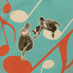 Lively dance scene with couple swinging and jumping in sync, set against retro, colorful backdrop. Fun and spirit of mid-century dance culture. Concept of retro aesthetic, vintage dance, nostalgia
