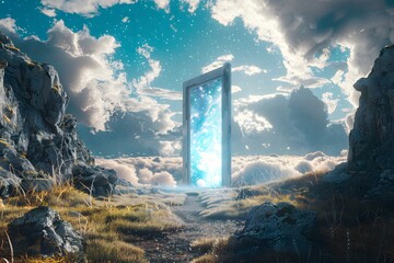 A Mystical Portal to Another World Amidst Majestic Clouds and Rocky Terrain