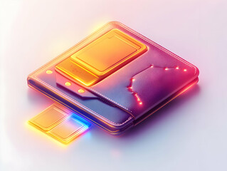 Flat Wallet Glowing Offer Buy Symbols Concept Leather Wallet on Glossy White Background Holographic Elements Floating Above Buy Button Offer Tag Copy Space Right Elevated Angle Vector Illustration
