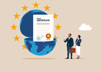 Business people open globe to see certificate and award paper. Prize and appreciation concept, best graduate, cum laude. Flat Vector illustration.