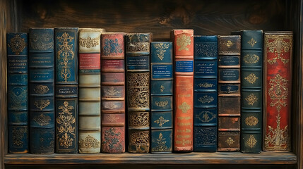Naklejka premium A Row of Vintage Books with Ornate Spines Displayed on a Wooden Shelf in a Cozy Library Setting