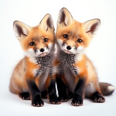 Obraz premium Two adorable fox cubs with fluffy orange fur sit close together, displaying playful expressions against a clean white background.