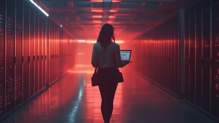 Woman walking in high tech facility, using laptop to patch network issues leading to slow data transfer rates. Employee in data center fixing errors affecting servers performance, camera A