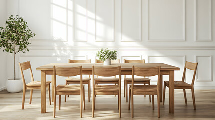 Scandinavian-Style Wooden Dining Table with Matching Chairs in a Modern Interior Setting