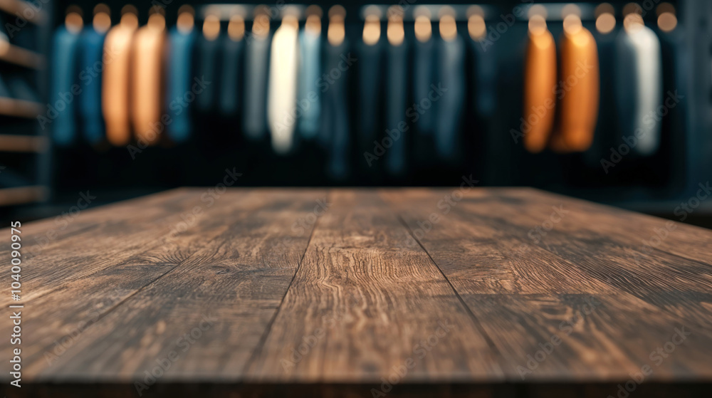 Aufkleber empty wooden table in front of a busy clothing store, perfect for showcasing products or creating a 