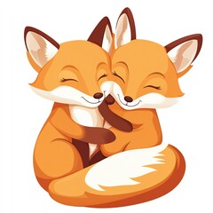 Fototapeta premium Two cute cartoon foxes cuddling joyfully, expressing affection and happiness with smiling faces and vibrant orange fur.
